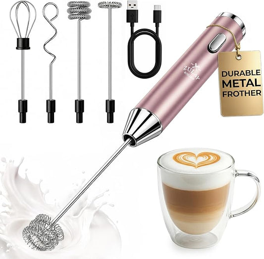 Zulay Kitchen Metal Rechargeable Milk Frother, 3 Whisk Attachments Handheld Frother Wand, 1800mAh USB-C Charging, Electric Drink Mixer for Protein, Matcha & Powders - One Charge Lasts up to 6 Months