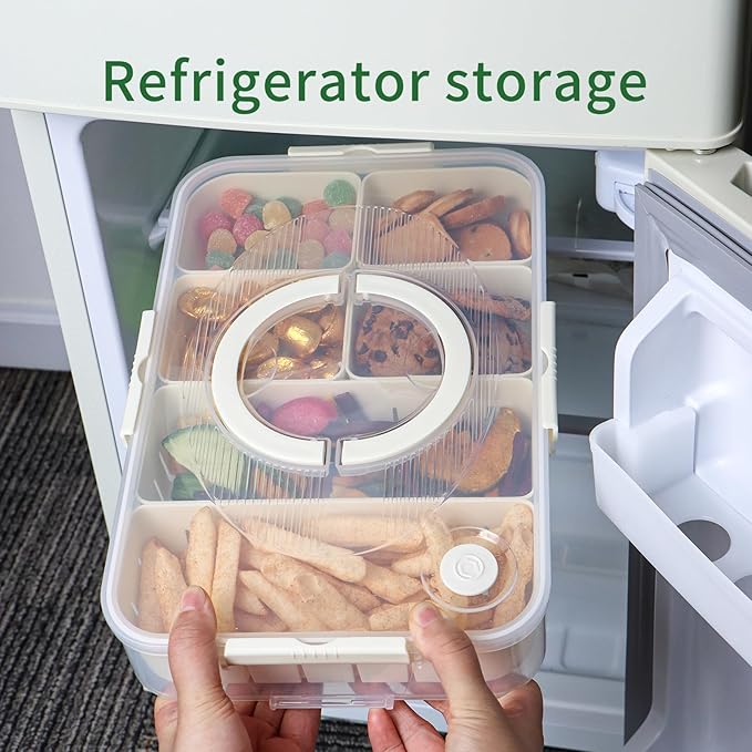 Snackle Box Container, Dishwasher and Microwave Safety Divided Serving Tray with Lid and Handle, Portable Snack Platters Clear Organizer for Fruits, Snacks, Candy(6 Compartments)