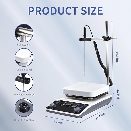 6.7 Inch Magnetic Stirrer Hot Plate Max 20L Stirring Capacity LCD Display Magnetic Stir Plate Max Temp. 350℃/662°F Hotplate Stirrer 2000RPM,Stir Bar&Temp Probe Sensor&Support Stand Included