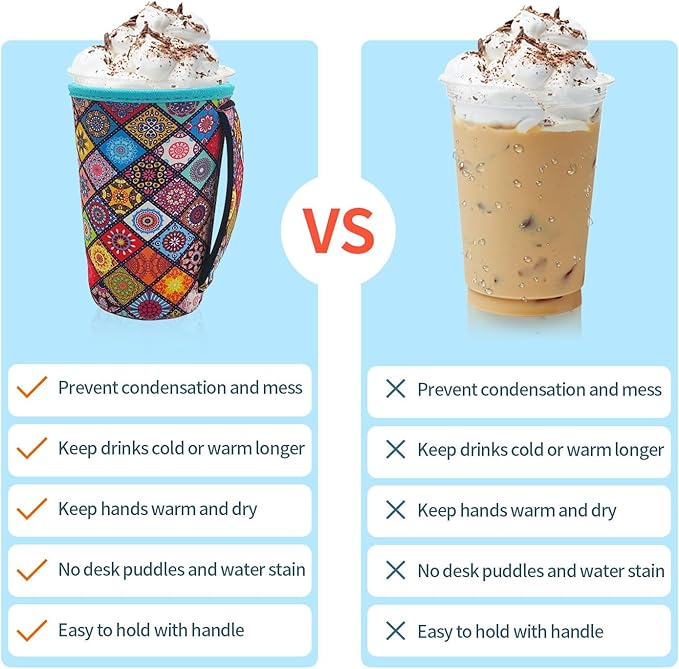 4Pack Reusable Iced Coffee Sleeve Insulator Sleeves for Cold Drinks Beverages, Neoprene Cup Holder for Most Coffee, Fits 22-24oz Medium Cups (Flamingo with handle)
