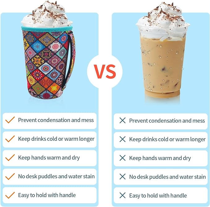 4Pack Reusable Iced Coffee Sleeve Insulator Sleeves for Cold Drinks Beverages, Neoprene Cup Holder for Most Coffee, Fits 22-24oz Medium Cups (Classic Color with Handle)