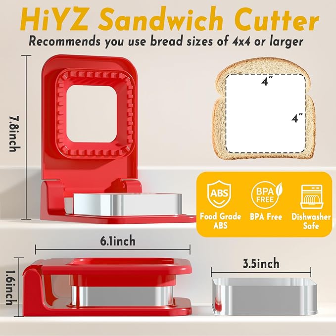 HiYZ Sandwich Cutter and Sealer - Square Stainless Steel Decruster Sandwich Maker - Peanut Butter and Jelly Crustless Sandwich Bread Pancake Maker Cookie Cutter for Kids Children Boys Girls Red