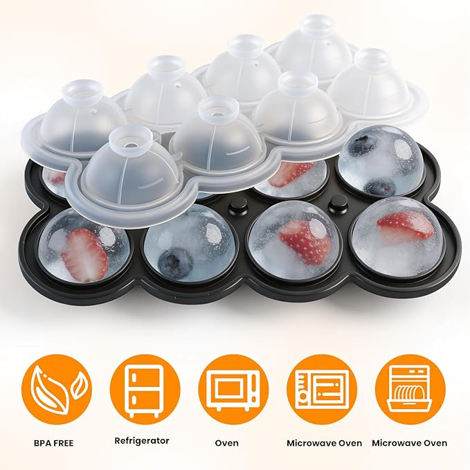 Ice Ball Maker Mold, 8 Hole Large Round Ice Cube Tray with Built-In Easy-Fill Funnel & Water Level Line, Silicone 1.7" Sphere Ice Mold for Whiskey, Cocktails, Bourbon