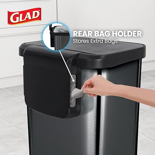 Glad 13-Gallon Stainless Steel Step Trash Can with Clorox Odor Protection, Soft Close Lid, Foot Pedal & Waste Bag Holder – Large Indoor Metal Garbage Bin for Kitchen, Home & Office Use