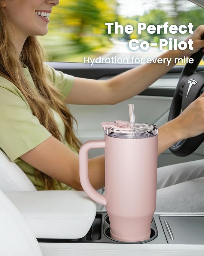 Renoj Insulated Mug 100% Leak Proof Insulated Water Bottle for Iced Coffee & Hot Drinks - Fits Car Cup Holder, Ideal Gift, 2 Straws & Silicone Boot - SnapShift Light Pink 32 oz