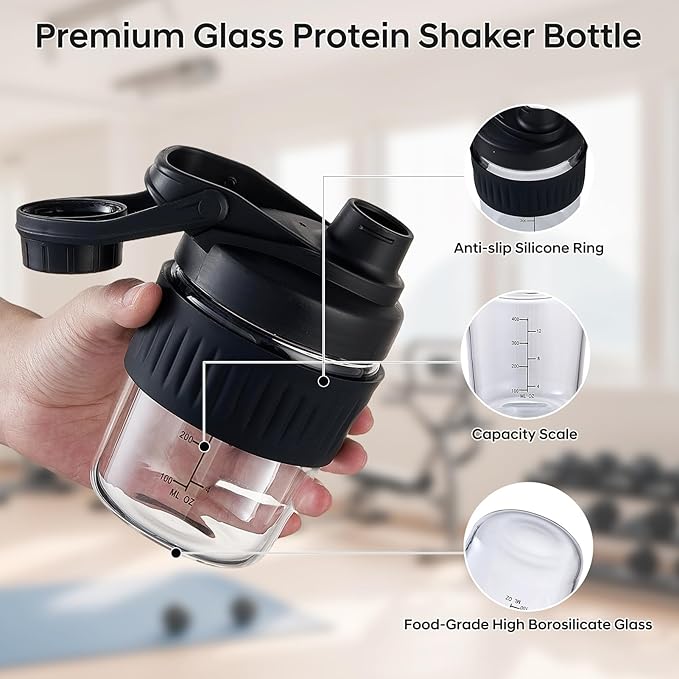 12oz Glass Shaker Bottle for Protein, Small Borosilicate Glass Protein Powder Leak-Proof Shaker Cup Mixes with 304 Blending Ball(12oz,Black)