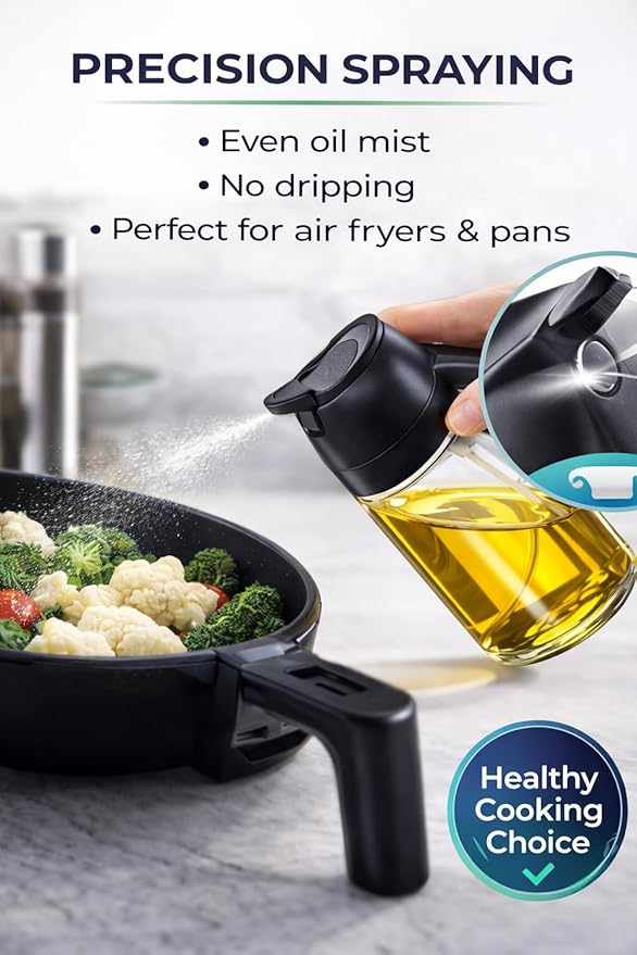 Olive Oil Sprayer for Cooking, 16oz/470ml Glass Oil Sprayer, 2-in-1 Oil Dispenser Bottle, Transparent Oil Mister for Air Fryer, Salad, Frying, Grilling & BBQ