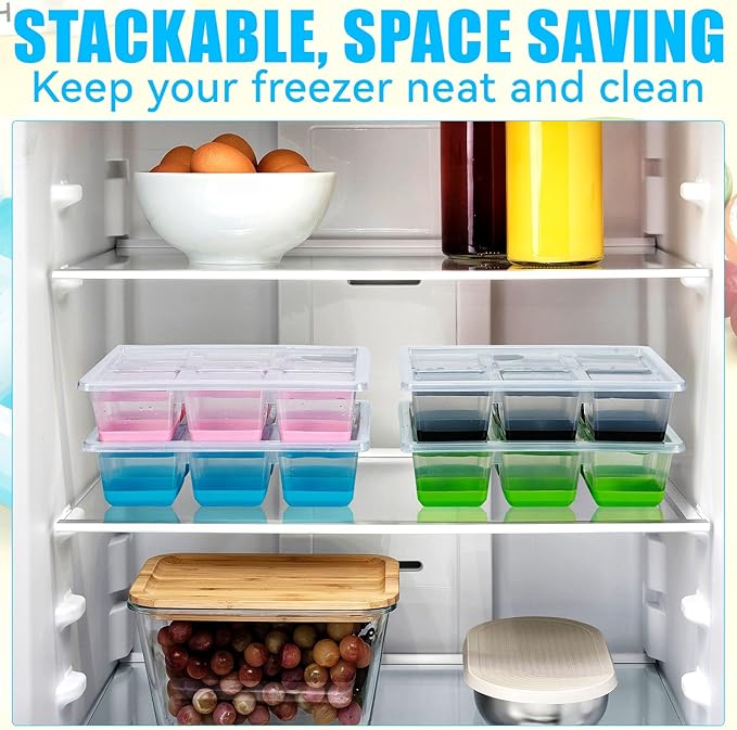 Ice Cube Trays 2 Pack, JRISBO Large Silicone Ice Cube Molds with Leak-Proof Lid, TPE Frame & Easy Release Bottom, Stackable Freezer Ice Trays for Whiskey, Cocktails, Soup, BPA Free (Pink)