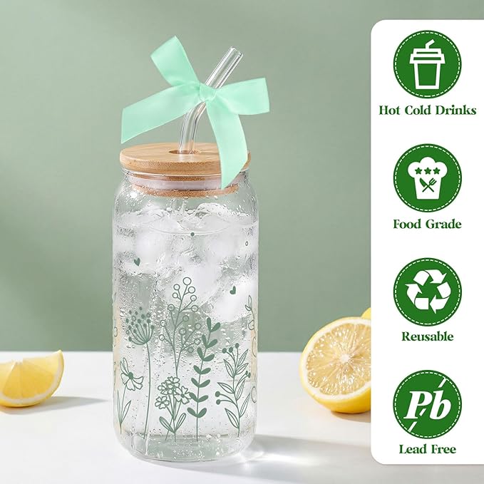 NatNarr 2 Pcs Glass Cups with Lids and Straws, Gifts for Women Sage Green Spring Floral Cute Glasses Cups, Aesthetic Glass Cup for Mothers Day Gifts Girls New Mom Birthday Baby Shower Party Gift