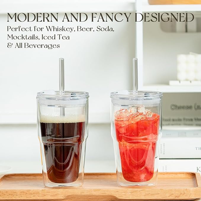 KEMORELA Set of 4 Double-Walled Glass Cups, 16 oz / 480 ml Insulated Tumblers for Iced Coffee, Latte, Matcha, Smoothies, Bubble Tea & Cold Drinks – Clear Modern Glassware, Reusable for Home & Parties