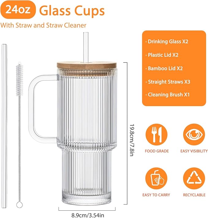 SoulTimes 24oz Ribbed Glass Tumbler with Handle and Bamboo Lid, Set of 2 Glass Cups with Lids and Straws for Coffee, Tea, Juice and Smoothies, Reusable Iced Coffee Cups Includes 2 Sealed Plastic Lids