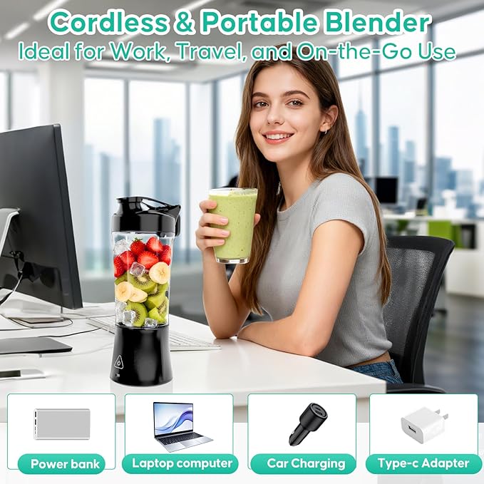 Portable Smoothie Blender,Cordless Blender Bottle Electric,24oz. Vessel,USB-C Rechargeable portable juicer, Electric Protein Shaker Bottles with Leakproof Lid, Ideal for Shakes and Frozen Drinks