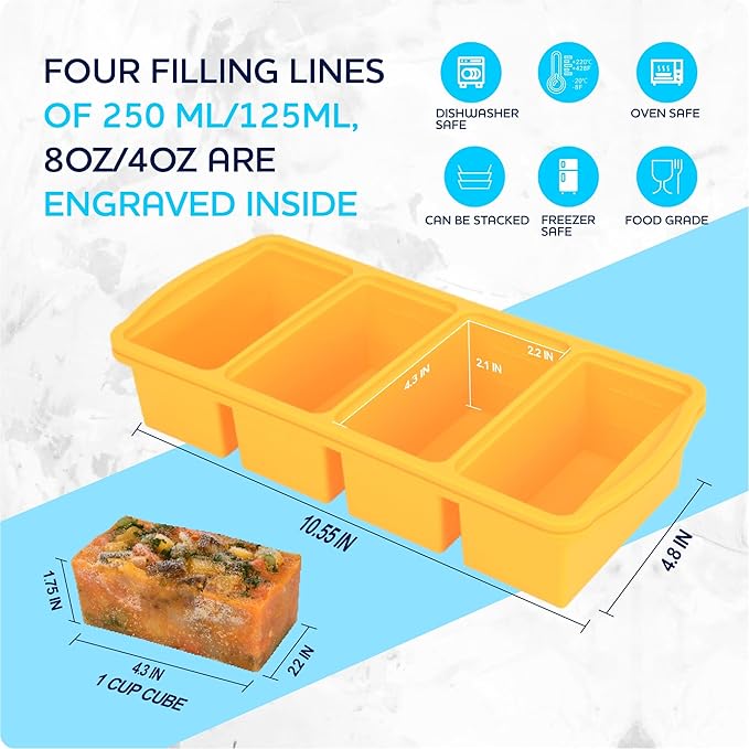ZIP STANDING Silicone Freezer Trays with Lid,1-cup Soup Freezer Container large Ice Cube Molds with Reinforced Steel Ring Top for freezing Soup Sauce Broth Leftovers oven Dishwasher -Safe(2-Pack)