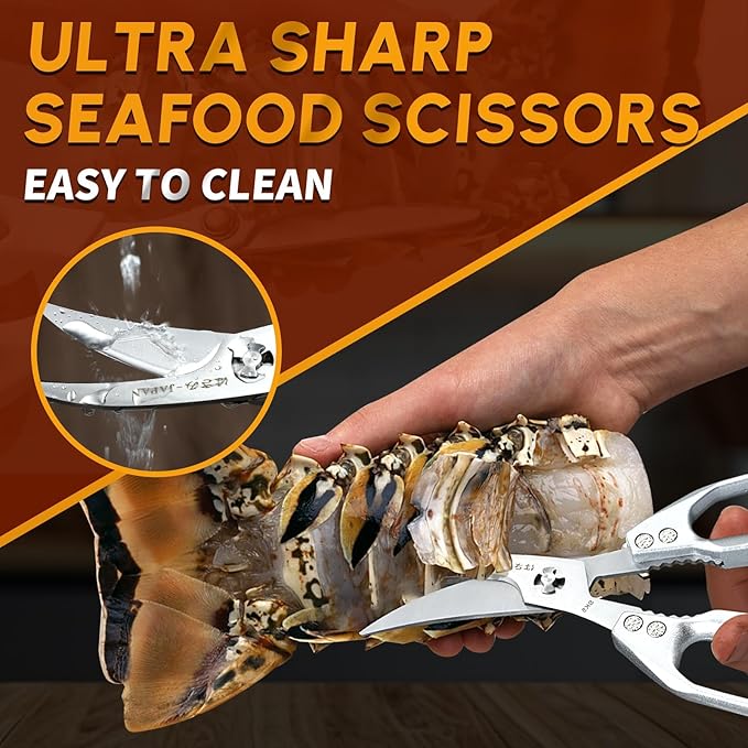 Huusk Seafood Scissors Silver - Stainless Steel Kitchen Shears Dishwasher Safe, Sharp Japanese-Style Kitchen Scissor for Crab, Shrimp, Lobster, Herbs and Food Prep, Christmas Gifts for Men Women