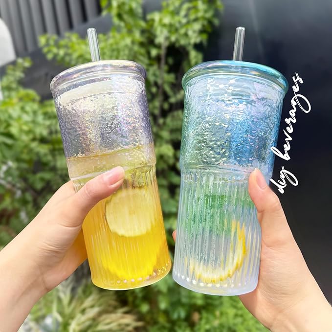 Puraville 2 Pack 20oz Glass Gups with lids and Straws, High borosilicate Reusable Iced Coffee Cup Tumbler, Leak Proof Driking Glass Mug for Water, Juices, Cocktails, Rainbow