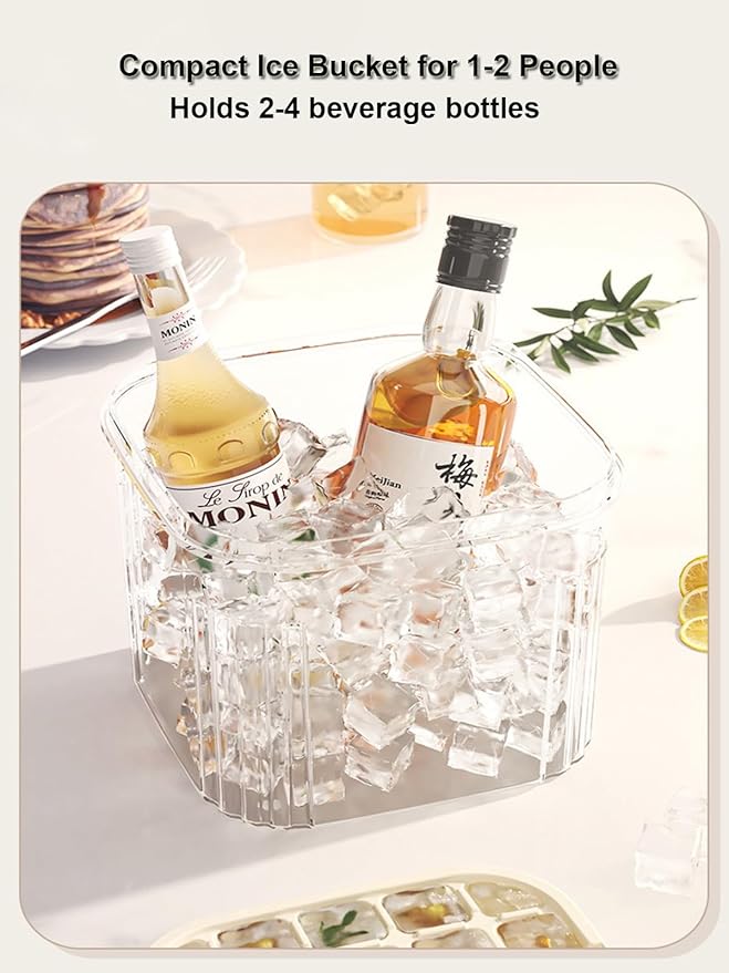 6.7*6.7*7.1in Ice Storage Bin w/ Two Small Ice Cube Trays Molds & Scoop for Home Bar, Small Ice Bucket with Sealed Lid for Freezer, Portable Refrigerator Ice Holder Containers for Outdoor Green