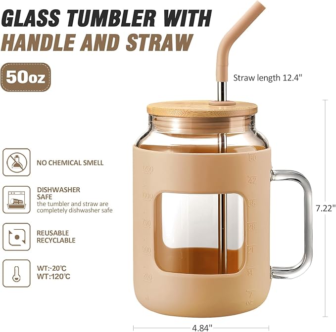 WINSA 50 oz Glass Water Bottles with Silicone Sleeve,Glass Tumbler with Lid and Straw,Iced Coffee Cup with Handle,BPA Free-Amber