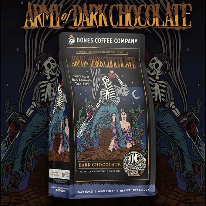 Bones Coffee Company Army of the Dark Chocolate Flavored Coffee, Medium Roast Low Acid Arabica Beans Compatible with Auto drip and French Press Coffee Maker, 12 Oz Ground