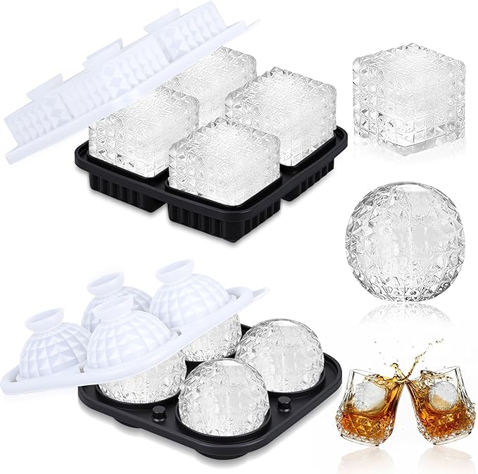 Hoolerry 2 Pcs 3D Golf Gifts Ball Ice Maker Mold 2.2" Large Square Sphere Silicone Ice Cube Tray 4 Hole Fun Shapes Big Ices Cube Mold with Funnel for Whiskey Cocktails Bourbon Chilling