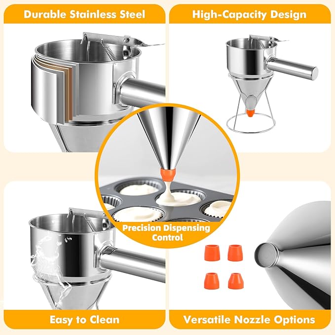 Pancake Batter Dispenser 20 OZ - Funnel Cake Dispenser with Stand, Stainless Steel, Leak-Proof Nozzle & Squeeze Handle, Precise Control, for Pancakes, Waffles, Cupcakes & Baked Goods