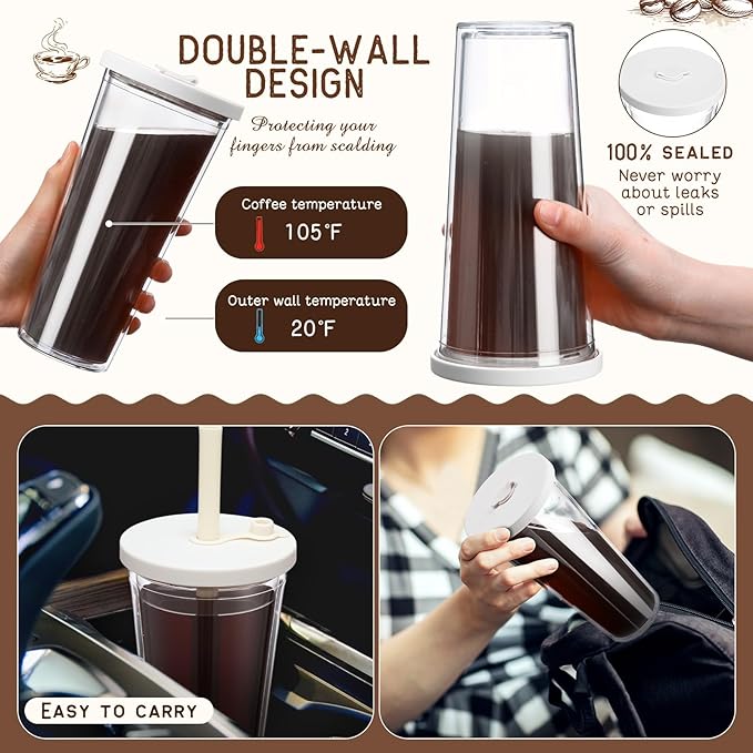 Honeydak 2 Pack 24 oz Reusable Iced Coffee Cups with Lids and Straws Leakproof Double Wall Insulated Clear Plastic Iced Coffee Tumblers with Straw Brushes