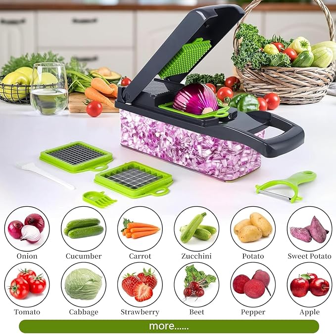 15 in 1 Vegetable Chopper and Food Chopper with Container, Onion Vegetable Slicer Cutter Dicer, Veggie Cutter with 7 Blades for Carrot Salad Garlic Potato (Old Design)