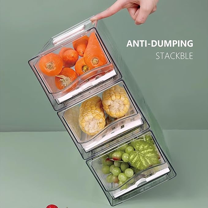 2 Pack Fruit Storage Containers for Fridge, Stackable Refrigerator Organizers with Strainer Layer,Reusable Storage Containers Clear Fridge Drawer for Produce,Vegetable in Kitchen,Fridge,BPA-Free
