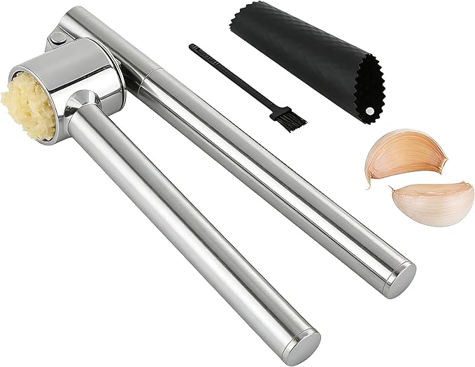 Stainless Steel Garlic Press and Mincer Set, Heavy Duty Garlic Crusher with Ergonomic Handle Rustproof Easy Squeeze Garlic Press Stainless Steel Professional Garlic Mincer Tool for Kitchen Use