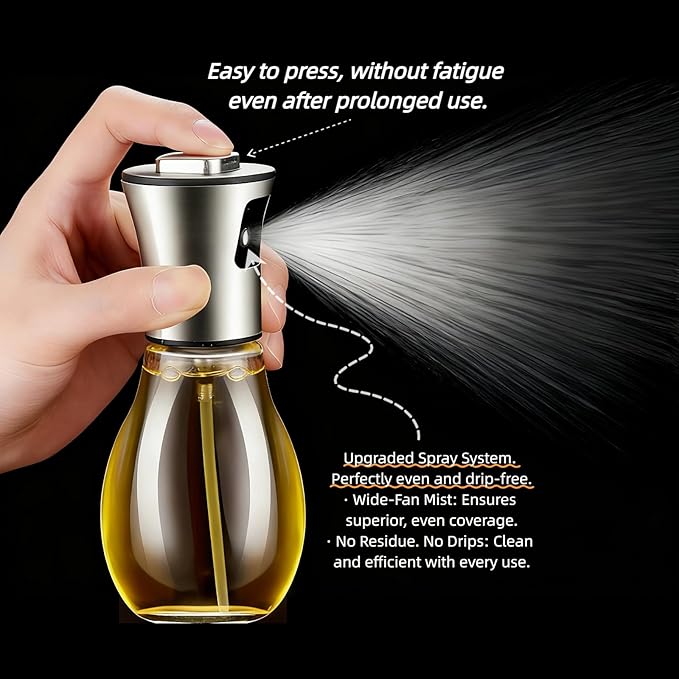 Olive Oil Fine Mist Spray Bottle - 6.7oz/200ml Cooking Sprayer for Air Fryer, Salad, Grilling & Frying - Kitchen Essential Tool（304 Stainless Steel）（with 3D stickers）