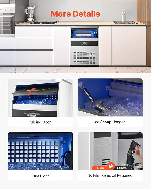 VEVOR Commercial Ice Maker Machine, 160lbs/24H Ice Maker Machine with 66lbs Storage Capacity, 80 Ice Cubes in 15 Minutes, LED Digital Display Freestanding Self-Cleaning for Bar Office Restaurant