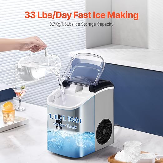 VEVOR Nugget, 33lbs/24H Pebble Ice Maker with Self Cleaning, Chewable Ice Maker with Ice Scoop & Basket, Stainless Steel Ice Machine with Transparent Lid for Home Kitchen Office Bar Party