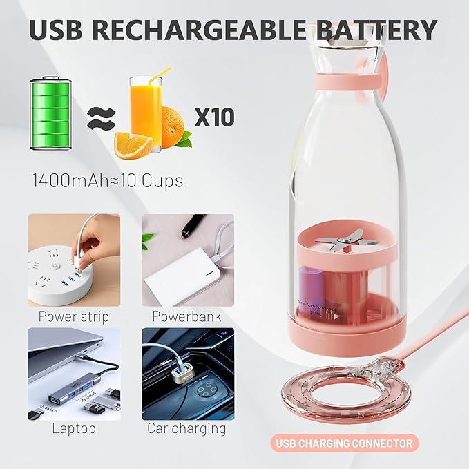 Personal Portable Blender, 350ml USB Rechargeable Smoothie Maker with Stainless Steel Blade, BPA-Free & Easy Clean, Compact Travel Cup for Gym, Office, Home - Pink