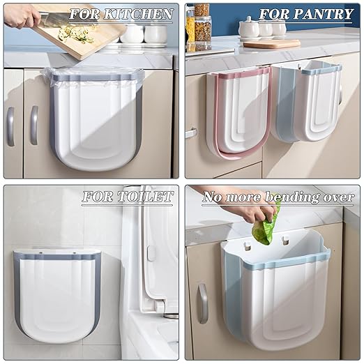 Soddeph Collapsible Hanging Trash Can for Kitchen Cabinet Door, 9L Plastic Foldable Waste Bin, 2.4 Gallon Small Wall Mounted Garbage Bin for Kitchen, Bathroom, Bedroom Countertop (Gray+Gray)