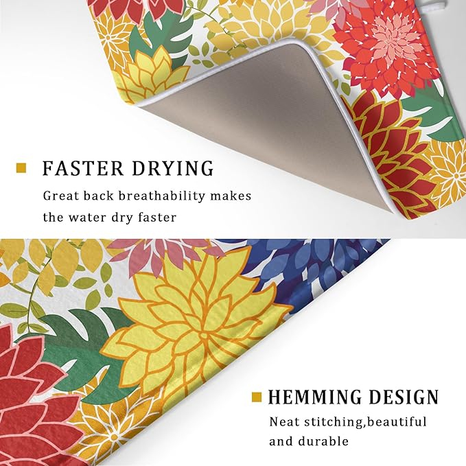 Modern Floral Dish Drying Mat Large Multicolored Tropical Drying Pad for Kitchen Counter