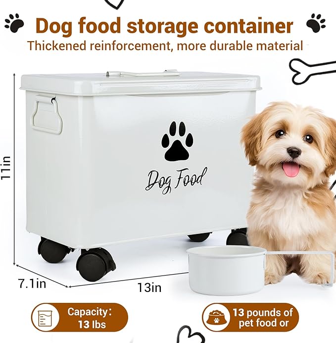 Dog Food Container 13lb, Cute Airtight Pet Food Storage Containers with Metal Lid Scoop, Black Metal Storage Bin for Dog/Cat with Wheels,Easy to Move White