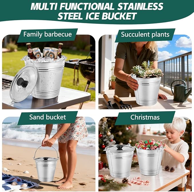 OBTANIM 3 Pack 6L Stainless Steel Metal Ice Buckets Champagne Drink Cooler Storage Ice Pails with Handle and Lid for Party Favors Organizing Home Parties Bar Cooling Supplies