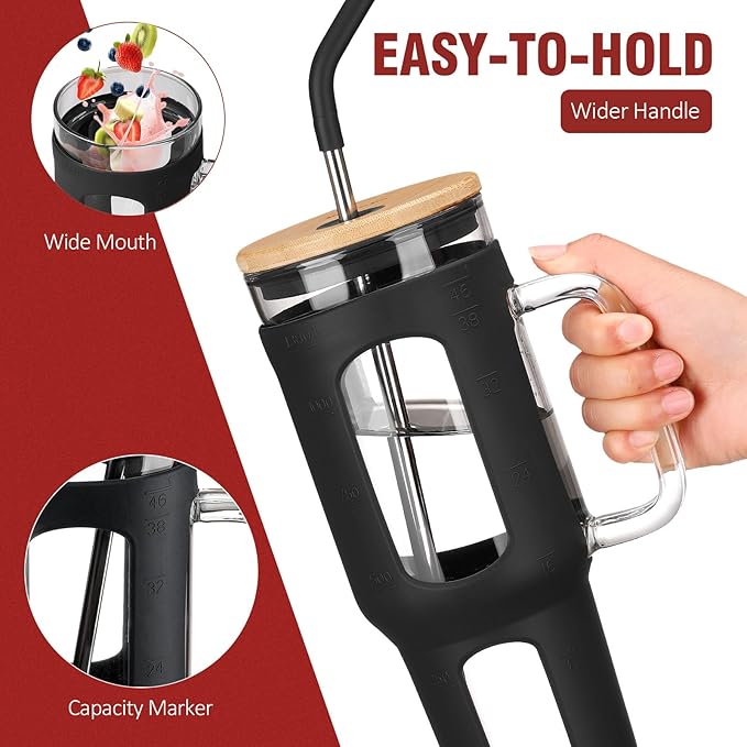WINSA Glass Tumbler with Lid and Straw, 46 oz Iced Coffee Cup with Handle, Large Water Bottles with Silicone Sleeve, Glass Cup with Straws - Pearl Straw & Drinking Straw BPA Free-Black