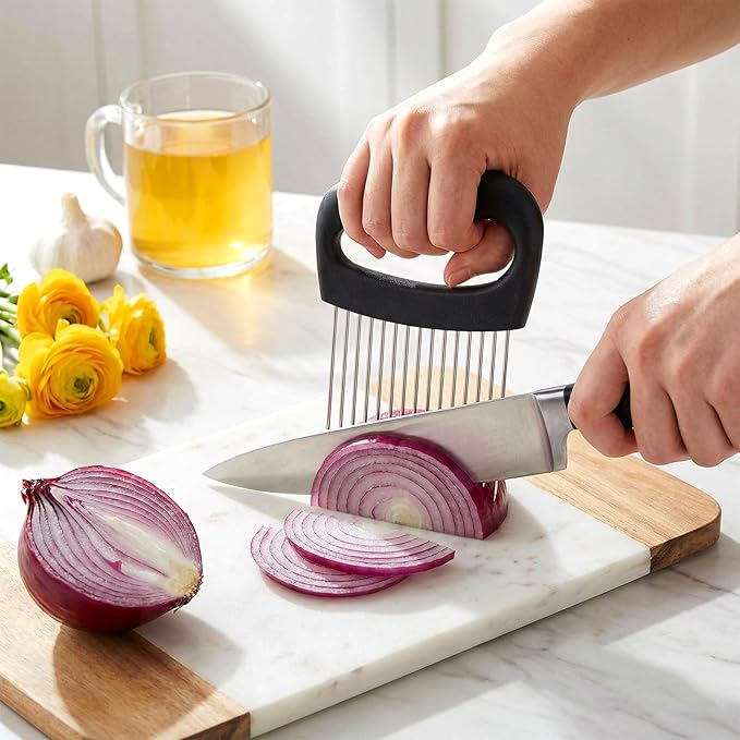 Extra Large Onion Holder for Slicing Tomato Slicer With 16 Long Needles Cutter Onion Slicer Holder Vegetable Chopper Tomato Potato Meat Tenderizer Stainless Steel Black