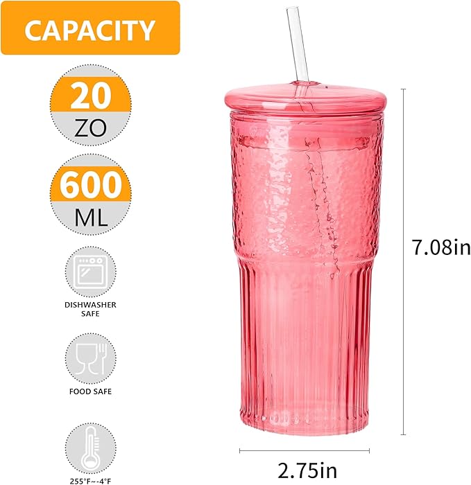 QWEZXO 20 OZ Glass Cup with Lids and Glass Straws, High Borosilicate Iced Coffee Glass Tumblers with Lid and Straw for Drinks, 2pcs Reusable Wide Mouth Smoothie Cup(Red)
