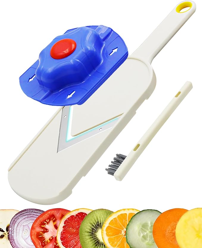 Handheld Mandoline Slicer for Kitchen - Stainless Steel V-Blades with Food Holder & Cleaning Brush, Comfort Grip, Easy to Clean, Vegetable Chopper Cheese Grater for Potato Chips Cucumber Onion Salad