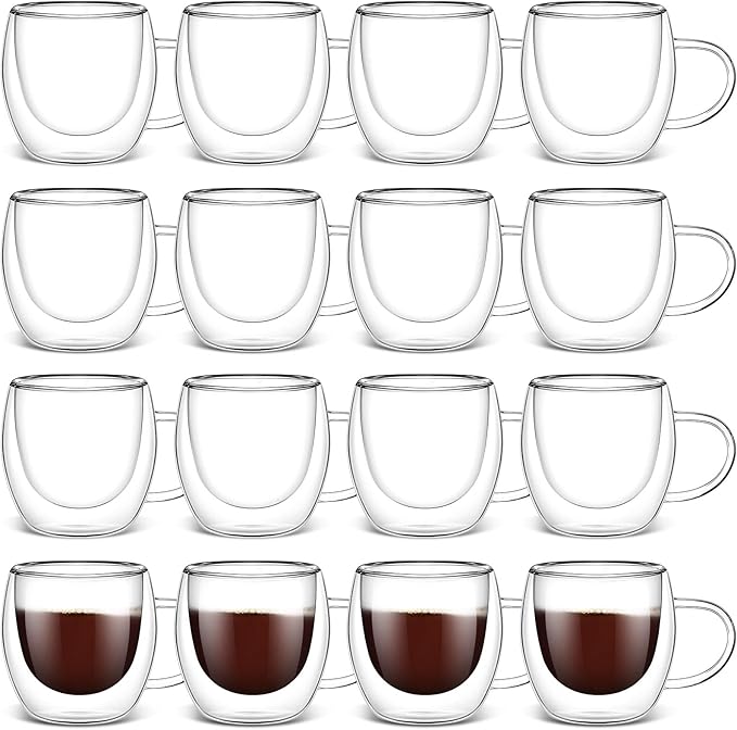 Gerrii Espresso Cups Double Walled Espresso Shot Glass with Handle Cups Insulated Clear Small Shot Glasses for Cappuccino Latte Hot Beverage(2.5 oz,Round Bottom,15 Pcs)