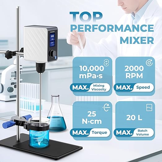 Overhead Stirrer for Lab – 20L High Viscosity Mixer (10,000 cP), 100-2000 RPM Digital Stirrer with LCD Display, Timer, Torque Boost & Beaker Clamp for Chemistry, Biology, Research