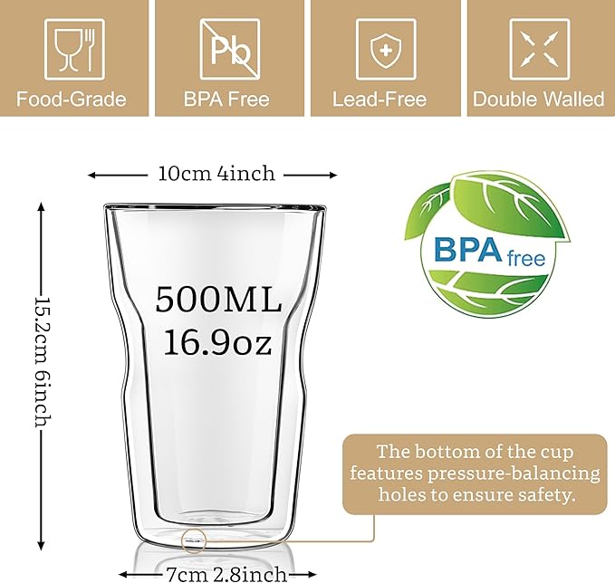Joeyan Double Wall Glass Tumbler, 16.9oz Lager Insulated Dinking Highball Glasses, Clear Borosilicate Tall Glass Coffee Cups for Iced Coffee, Latte, Cocktails, Tea, Smoothie, Mixed Drinks, Set of 2