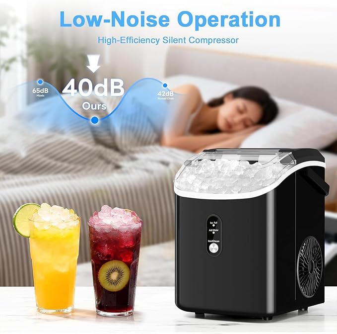 Nugget Ice Maker Countertop with Handle, Chewable Pellet Ice Maker with Self-Cleaning, 35.5Lbs/24Hrs, Ready in 6 Mins, Portable Sonic Ice Maker with Basket & Scoop for Home, Party, Camping, Black