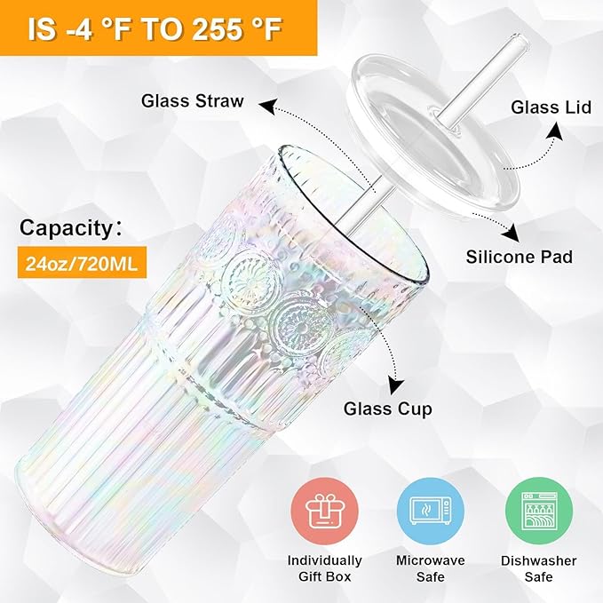 Bandesun All Glass Iced Coffee Cup With Lids and Straws，24 OZ Rainbow High Borosilicate Glass Tumbler for Water Smoothie Juice Drinks