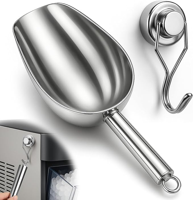 Stainless Steel Ice Scoop for Freezer with Magnetic Hook - Ice Scoop for GE Profile Opal 2.0 Nugget Ice Maker, for Kitchen Ice Bucket Bar Party Accessories(8OZ-Silver)