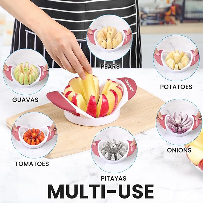 SCHVUBENR 12-Blade Apple Slicer and Corer - 4.72 Inch Sharp Stainless Steel Apple Cutter - Professional Apple Divider Tool for Quick Slices - Easy to Use & Clean - Slice Fruits with Ease - Pink