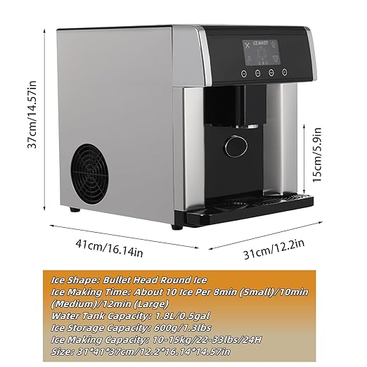 Nugget Ice Maker Dispenser, 2-in-1 Ice Water Maker for Kitchen Bar Party, Self Dispensing Pellet Ice Maker, 33lbs/24H, 15mins Quick Ice Make, 1.3lbs Ice Storage, Ice Full Indicator & Self-Cleaning