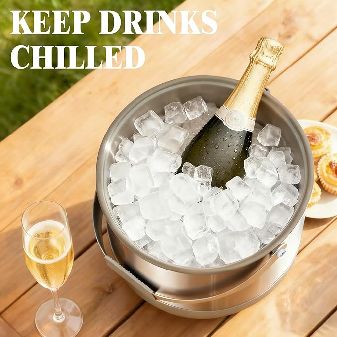 5QT/4.8L Insulated Ice Bucket for Parties, Large Capacity Double-Wall Beverage Bucket with Scoop & Lid for Champagne, Wine, Cocktail (Gray)