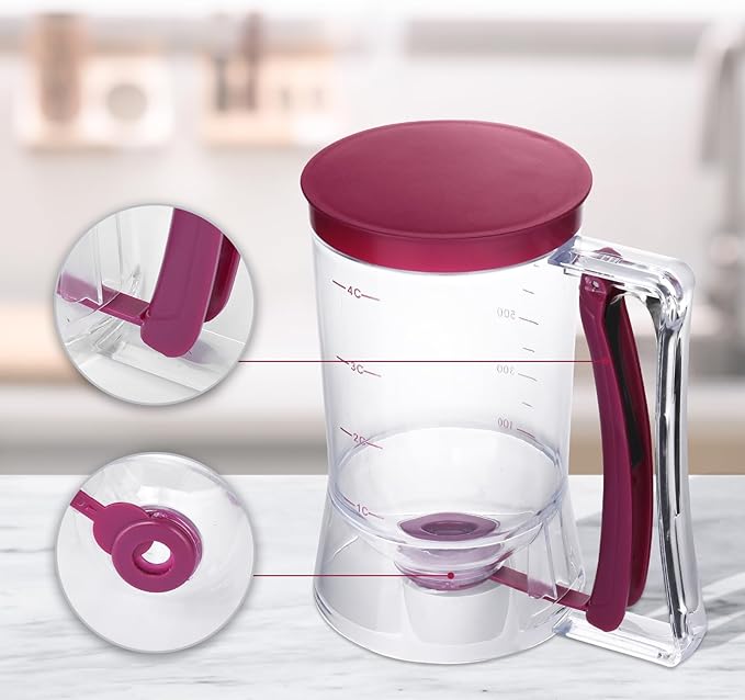 Pancake Batter Dispenser - Essential Kitchen Tool for Flawless Pancakes, Cupcakes, Waffles, Funnel Cake, Muffins, Crepes - Effortless Pour - Convenient Pancake Maker with Measuring Label - 900ml